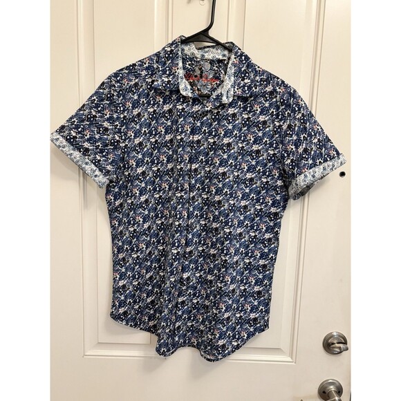 Robert Graham Shirt Medium Blue Floral Short Sleeve Button Up colorful stretch - Picture 1 of 7